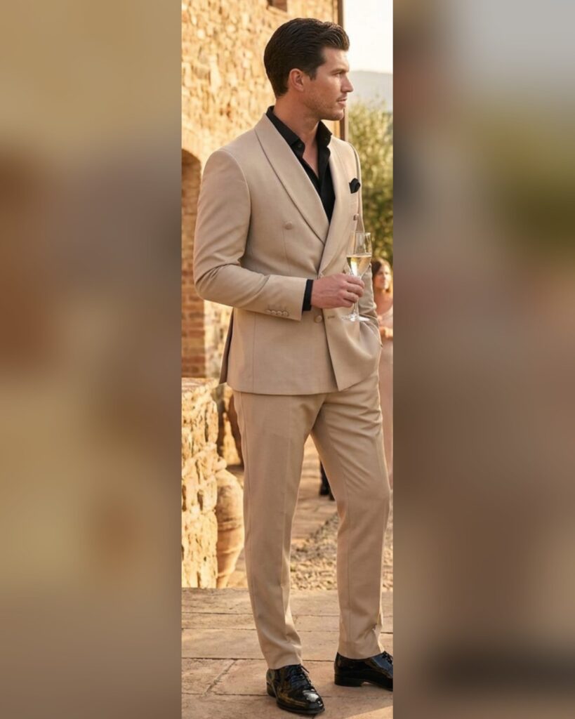 רוברטו חליפת גברים כפתור כפול צווארון שאל דגם SUIT JP 118 בצבע בז' חול - John Peter London